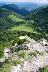 Ridgeway and amazing green wide views in Mala Fatra mountains in Slovakia, summer season sceneries and beautiful rocks
