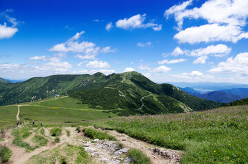 Ridgeway and amazing green wide views in Mala Fatra mountains in Slovakia, summer season sceneries and beautiful rocks
