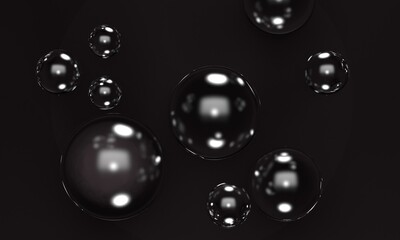 Abstract dark background with flying transparent balls. 3d rendering