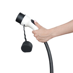 Hand is holding fast electric car charger green energy environment friendly driving vehicle...