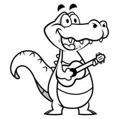 Black and white illustration of Alligator cartoon character playing ukulele guitars and singing, suitable for coloring book of children with music themes