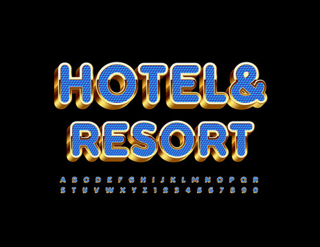 Vector travel logo Hotel and Resort. Blue and Gold Alphabet Letters and Numbers. Luxury 3D Font