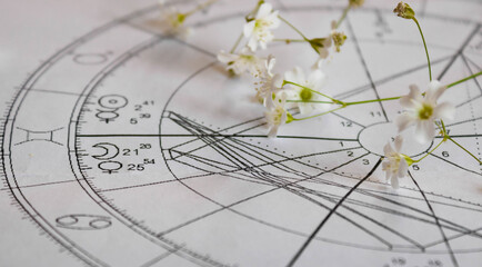 Detail of printed astrology chart with Venus planet and Moon with white small flowers in the...