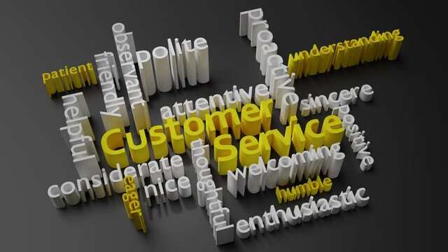 Good customer service through a balance of personal qualities and attitude choices 3d animation word cloud concept.