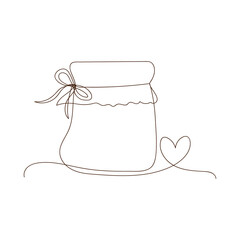 Simple line art glass canning jar with heart. Preserved food, jar for jam, for honey, autumn and winter preservation. Simple sketch, black line, outline style, linear silhouette, one line drawing.