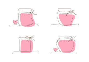 Set line art glass canning jars for jam, autumn and winter preservation. Sketch, doodle, outline style, linear silhouette, one line drawing style. Preserved food, jars with pink spots and hearts.