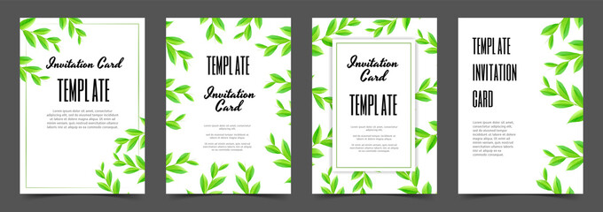 Wedding greeting card templates with tree branches with green leaves on white background. Set invitation cards. Vector design.