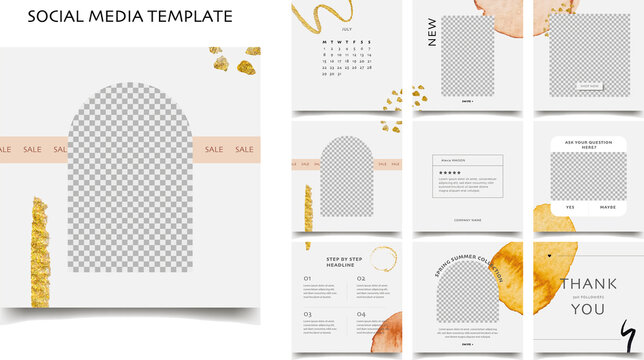 Social Media Template. Sale Promotion. Editable Square Post Frame Puzzle. Instagram And Facebook Editable Post. Beije, Grey, White, Gold, Black Vector Background.