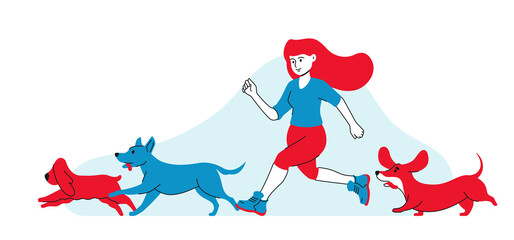 Girl runs with the dogs. Woman goes in for sports together with pets