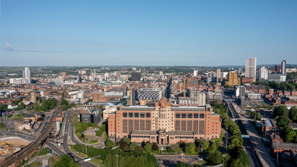 Obraz premium Leeds west Yorkshire city. The city centre of Leeds aerial view of large council office buildings and surrounding retail stores, offices and apartments. 