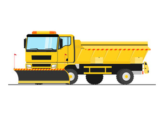 Heavy truck with snow plow and sand spreader. Flat vector without gradients.