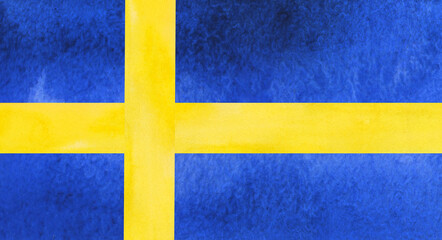 Sweden flag symbol hand drawn in watercolor. Blue and yellow colored stripes.