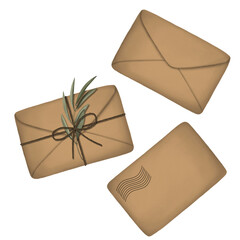 Realistic craft brown envelopes tied with twine with a green branch on a white background. Retro template for design. Textured paper. Hand drawn