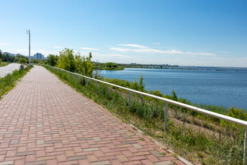 Embankment of the Kama River in Naberezhnye Chelny, Tatarstan, Russia. The shore is reinforced with...