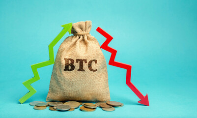 BTC money bag and up and down arrow. Cryptocurrency concept. Decentralized digital currency....