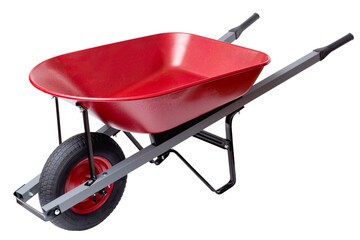 Red wheelbarrow isolated on white. - obrazy, fototapety, plakaty