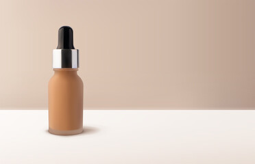 Mockup liquid tonal foundation makeup cream in glass jar with dropper mockup 3d vector realistic illustration on beige background. Template vector design with copy space