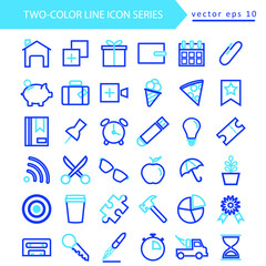 Two-color thin line vector set on a white background. Illustrations include simple icon signs, symbols, and objects. Royalty-free and fully editable.