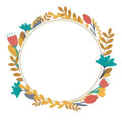 Flower wreath. Beautiful flowers and twigs in a round frame with a place for text. For a wedding, birthday, rewarding.