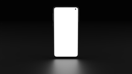 Mobile phone mockup with front view and black background. Screen reflection on the floor. Ideal for placing examples of web design or applications. Three-dimensional illustration.