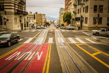 The empty road on Powell-Hyde cable car route in San Francisco