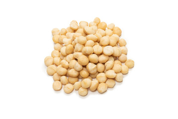 Macadamia nuts isolated on white background.