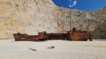 navagio shipwreck beach in zakynthos greece close up
