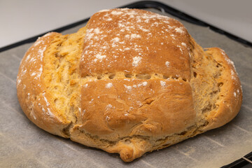 Close-up freshly baked round bread. Home cooking concept. Horizontal photo and selective focus