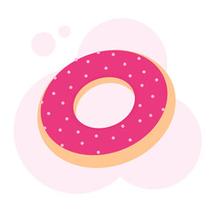 Donut isolated on a white background. Donuts with pink glaze and light pink powder. Simple, cute design. Flat vector illustration.