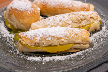 (Carmelitas de Jerez) Typical Andalusian dessert of dough bread and cream special for Christmas and Easter. Traditional home cooking concept. Horizontal photo and selective focus