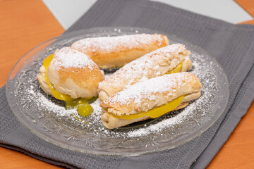 (Carmelitas de Jerez) Typical Andalusian dessert of dough bread and cream special for Christmas and Easter. Traditional home cooking concept. Horizontal photo and selective focus