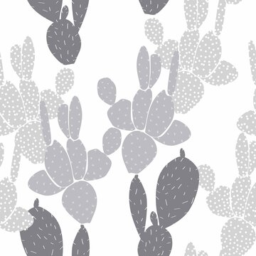 Cute floral pattern of abstract cacti. Seamless grey texture. Colored cute cacti. White background. Elegant pattern for fashionable prints.