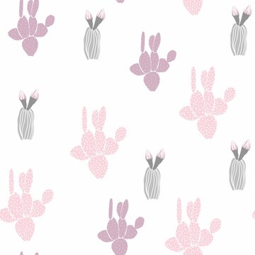 Cute floral pattern of abstract pink cacti. Seamless grey texture. Colored cute cacti. White background. Elegant pattern for fashionable prints. © Виктор Фесюк