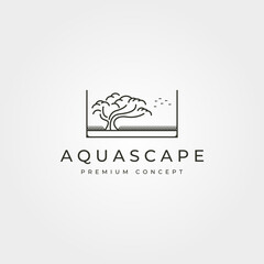 aquascape bonsai logo vector line art symbol illustration design, aquarium logo design