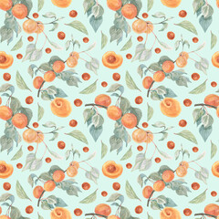 Fruit apricots watercolor illustration hand drawn seamless pattern. Print textile realistic style garden harvest background juice jam healthy foods with vitamins healthy food vegetarianism
