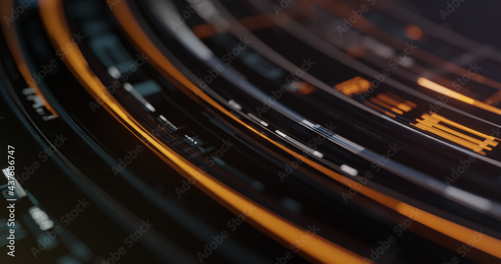 Poster abstract high tech digital technology background made of particles, disc and holographic plates. dec