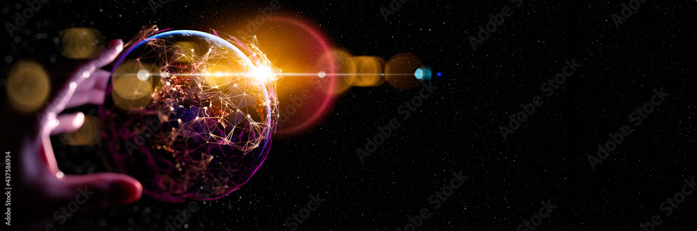 Aufkleber Concept of international trading and digital investment.Hand reaching Global network connection covering earth with link of innovative perception,future of internet of things.image furnished by NASA.