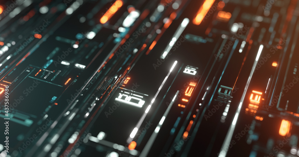 Poster abstract big data visualization, transfer, code, digital technology. data flow. 3d rendering