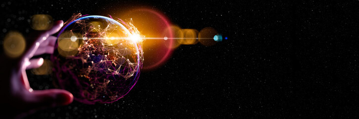 Concept of international trading and digital investment.Hand reaching Global network connection covering earth with link of innovative perception,future of internet of things.image furnished by NASA.