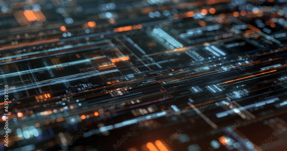 Poster high tech background. digital neon lights, square elements and dots on dark background. big data vis