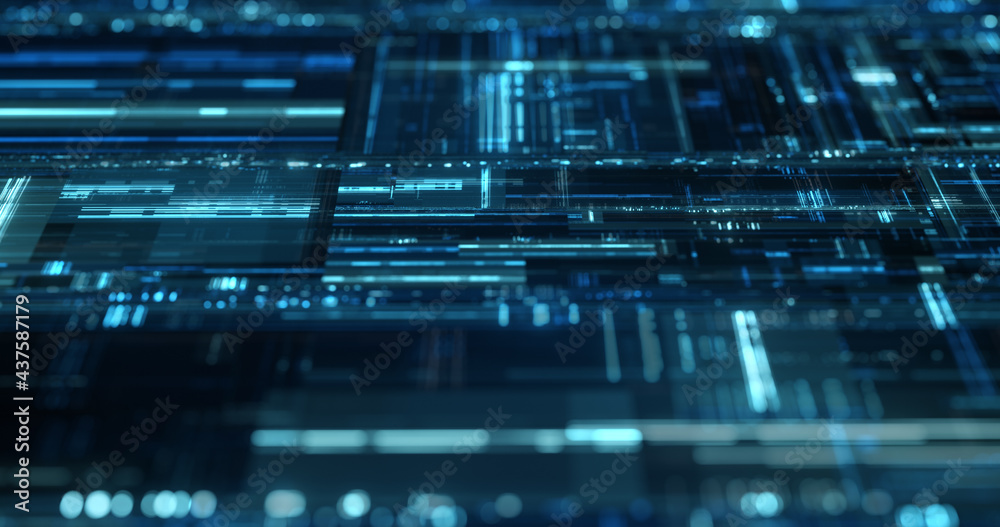 Poster digital nanotechnology and high-tech cpu. data processing and crypto currency mining. 3d rendering