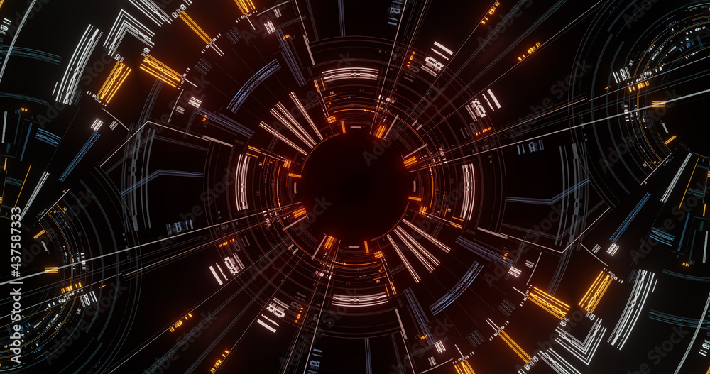 Poster futuristic hud target scanner with radar rotation, dial interface. 3d rendering
