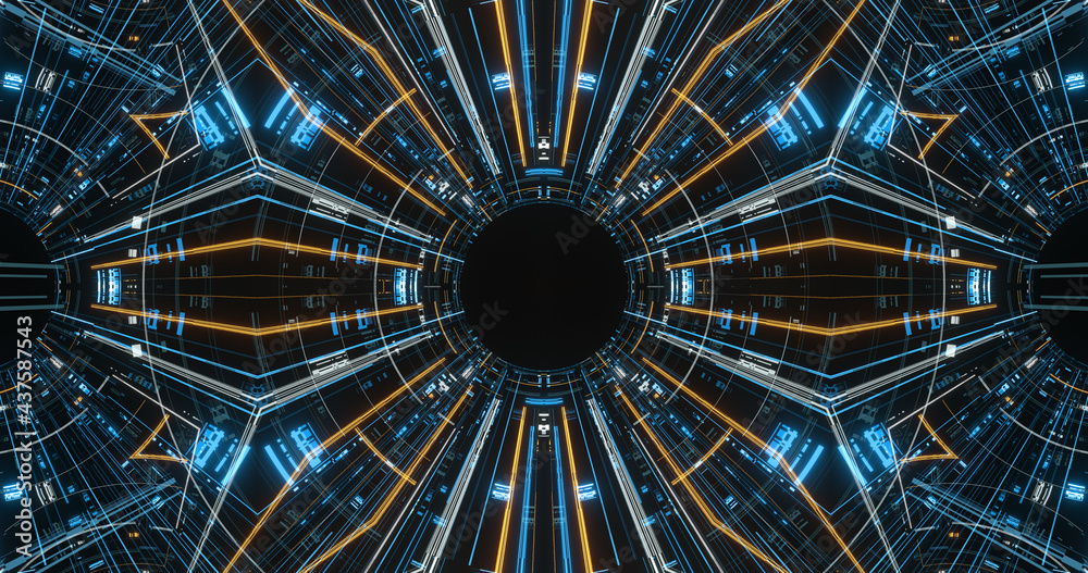Poster abstract elements with lines, lights and tech circles. high tech. 3d rendering