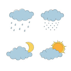 Simple cartoon set with clouds, sun and moon, rain and snow. Clouds vector collection in flat style.