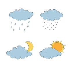 Schilderijen op glas Simple cartoon set with clouds, sun and moon, rain and snow. Clouds vector collection in flat style. © Yaryna