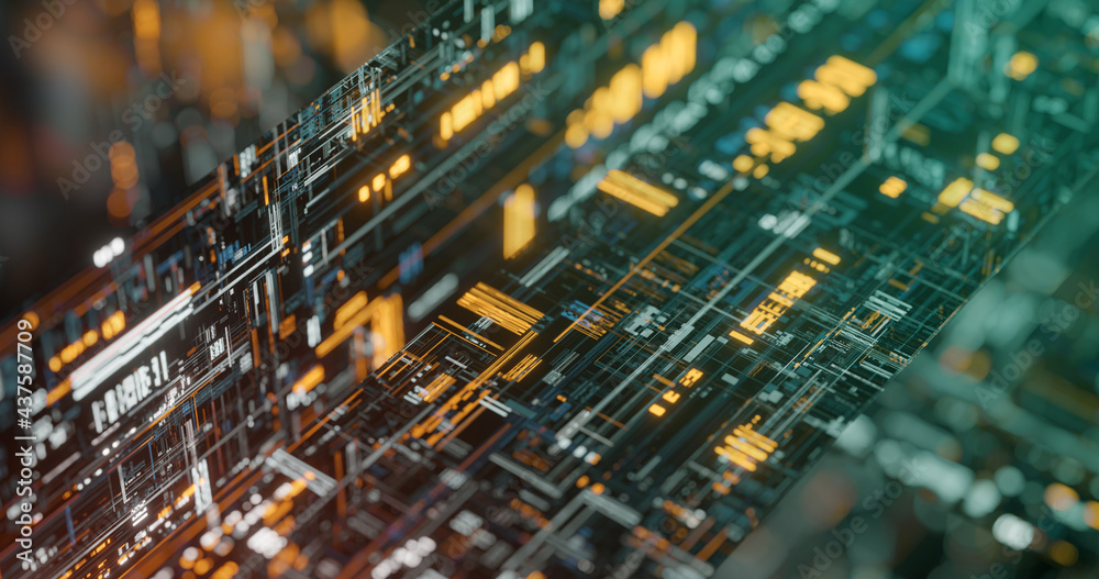 Poster data stream futuristic virtual computer network blockchain security, virtual cpu processor on crypto