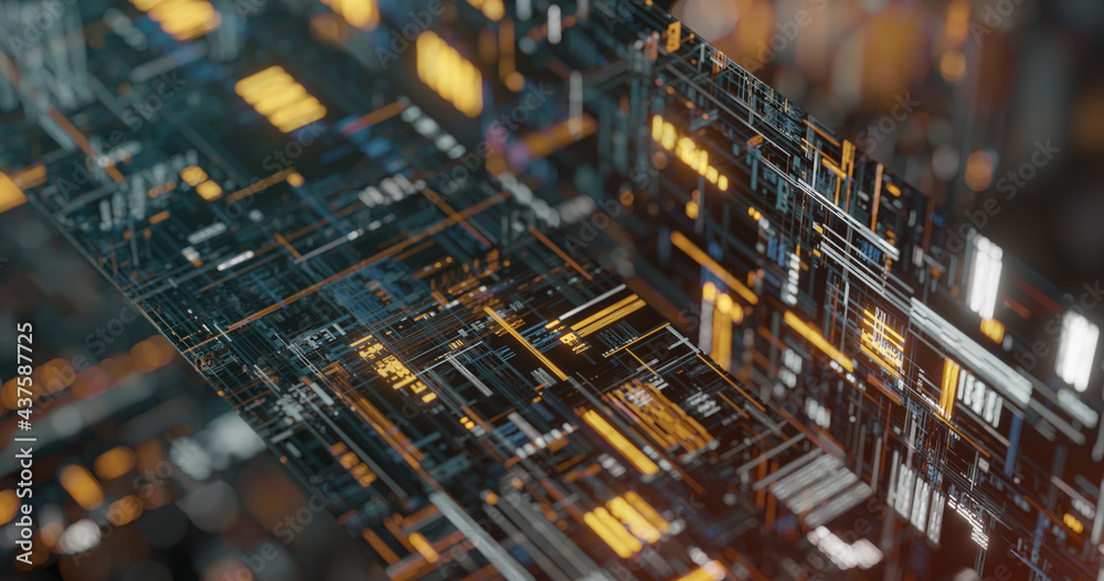Poster crypto data mining on blockchain technology. 3d rendering