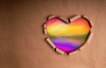 Naklejka na ściany i meble Gay, Homosexual, LGBTQI Concept. Craft Paper as Rainbow Heart Shape Color. Month of Pride Symbolic