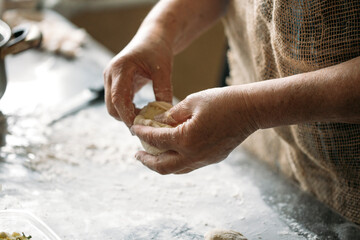 close-up view of hands making delicious pies with dough