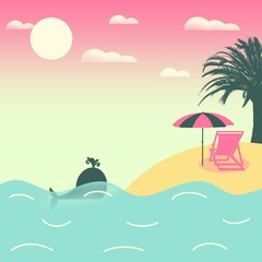 Fototapeta na wymiar Tropical island with palm trees, lounger and sun umbrella with ocean view and whale flat illustration 